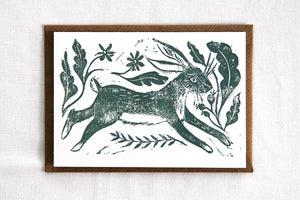 Lino Cut Leaping Hare Card